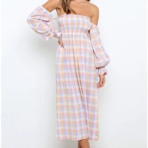 Petal & pup Gabriella plaid gingham smocked off shoulder midi dress
